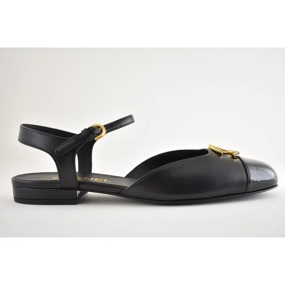 Chanel 25P Black Patent Gold CC Slingback Ankle Strap Ballerina Ballet Flat 38.5